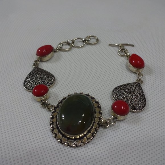 Unique "BLOODSTONE AGATE & RED CORAL" Handmade Sterling Bracelet 8.5" #478A - Picture 2 of 3